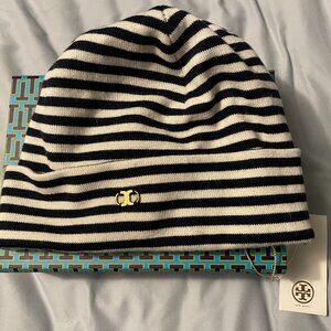 Tory Burch Merino Wool Beanie Hat Blue Stripe
